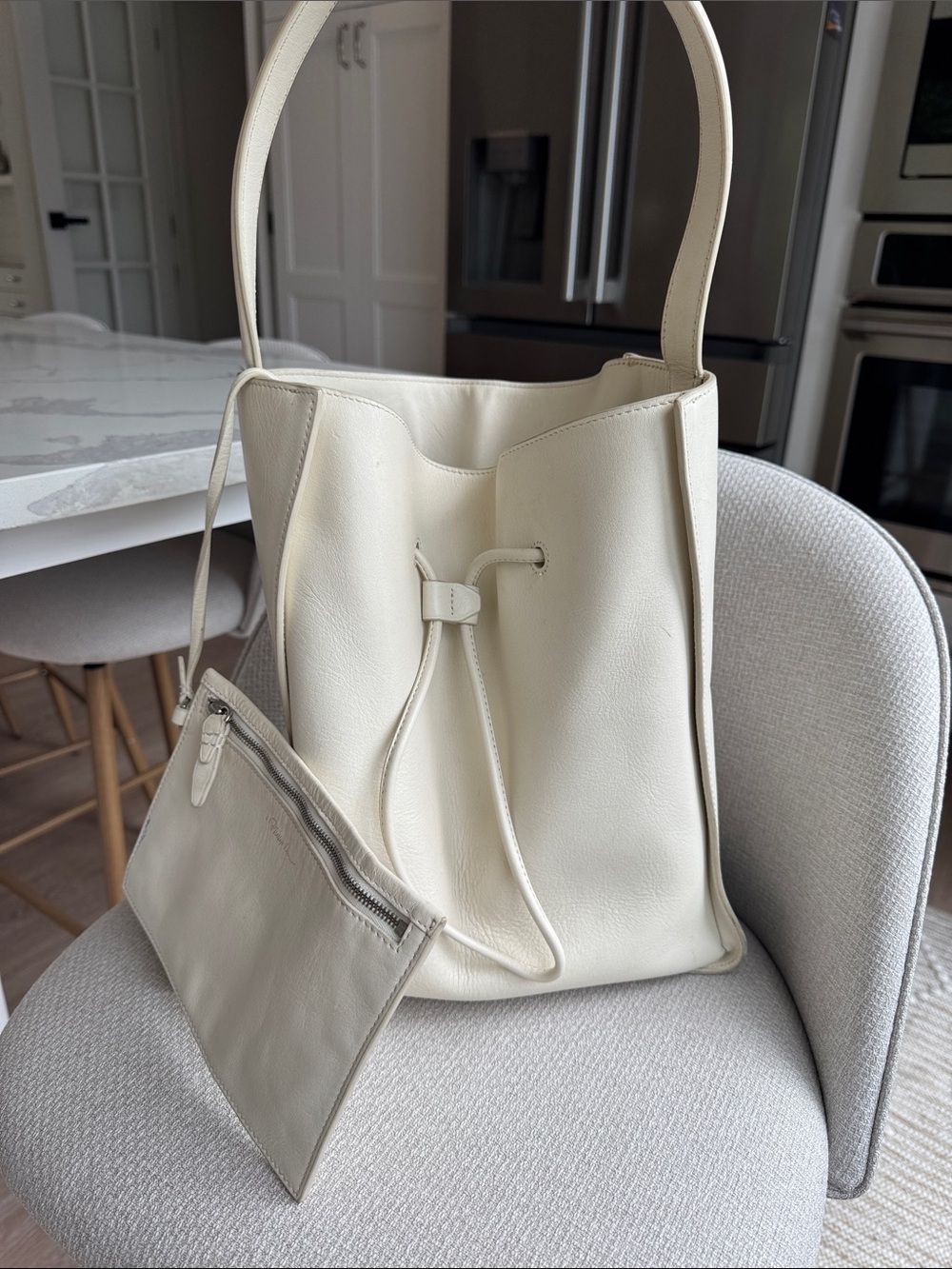 3.1 Phillip Lim Off-White Leather Large Soleil Drawstring Bucket Bag ivory